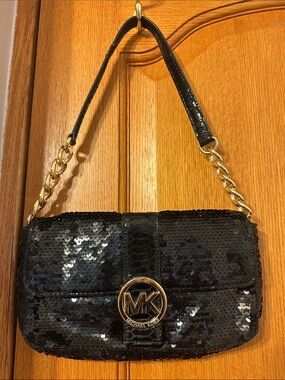 Michael Kors Black Sequin Shoulder Bag with Gold MK Accent